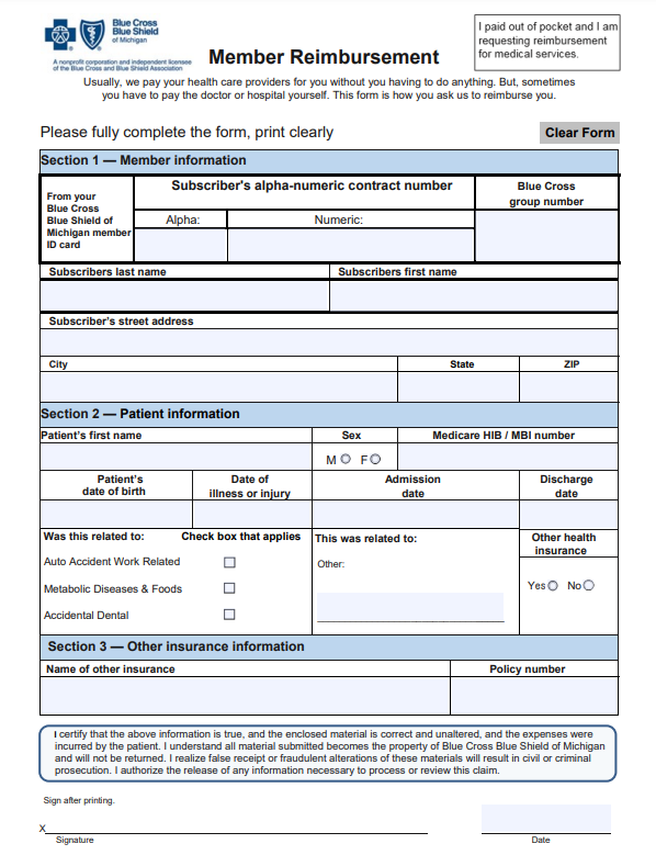 Blue Cross Blue Shield Reimbursement Form