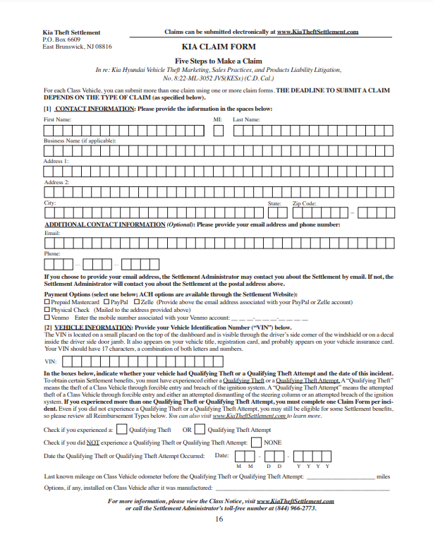 KIA Reimbursement Form