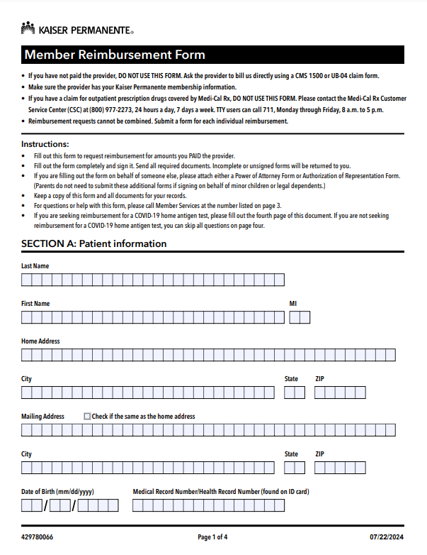 Kaiser Reimbursement Form