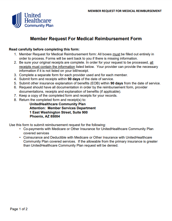 United Healthcare Reimbursement Form