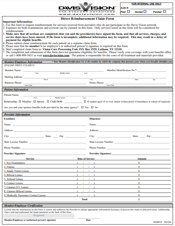 Davis Vision Reimbursement Form