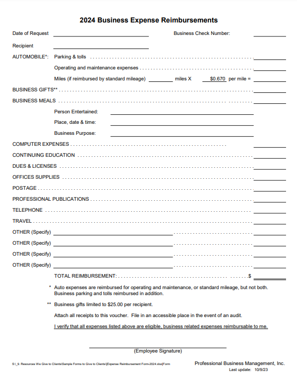 Reimbursement Form Format