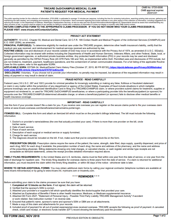 Tricare Reimbursement Form