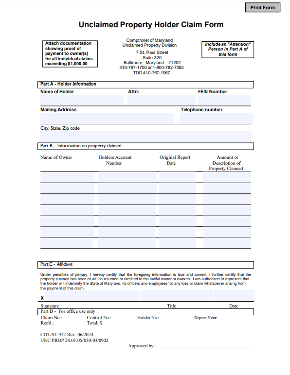 Unclaimed Property Reimbursement Form